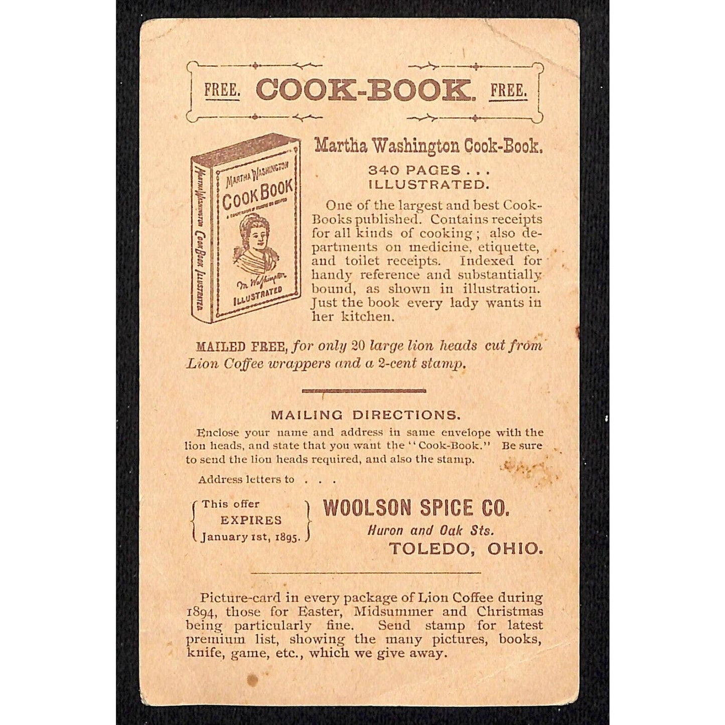 Woolson Spice Co. Toledo, OH Cook Book Offer Girl / Baby Victorian Trade Card