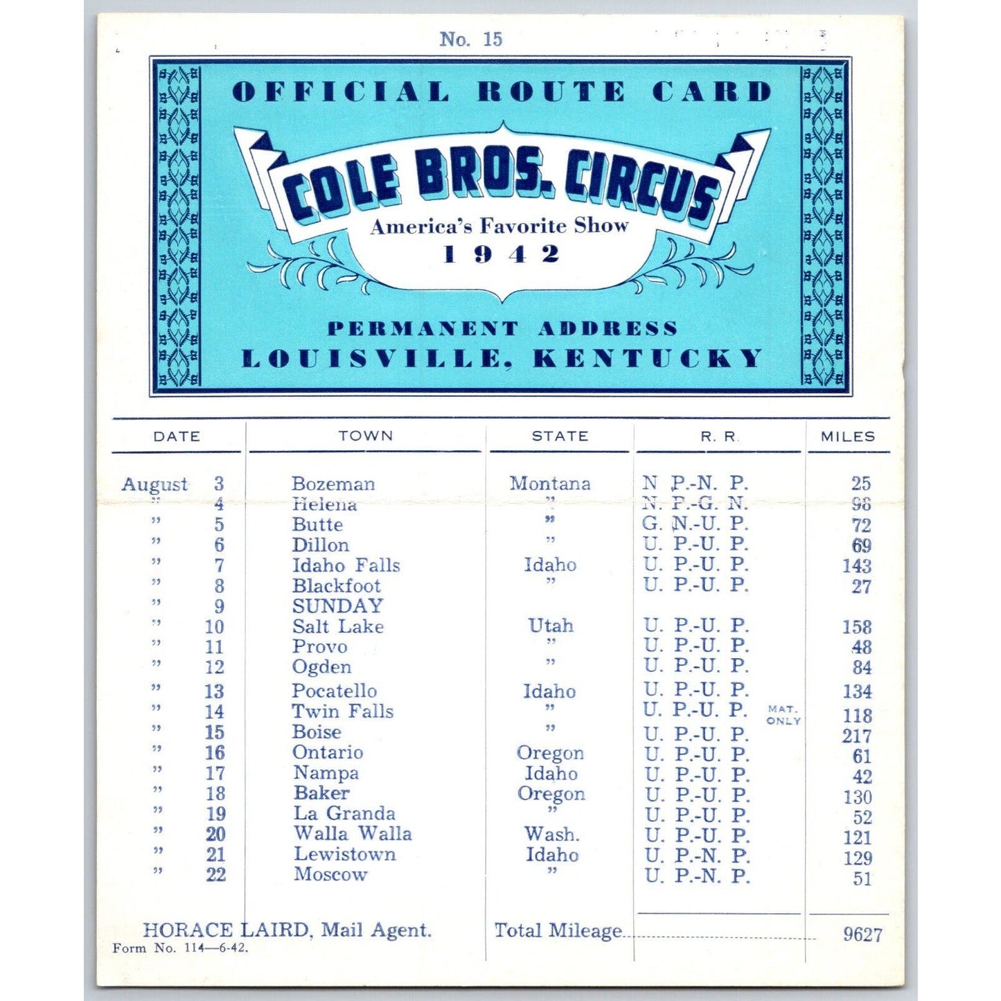 1942 Cole Bros Circus Route Card Montana Iowa Utah Idaho
