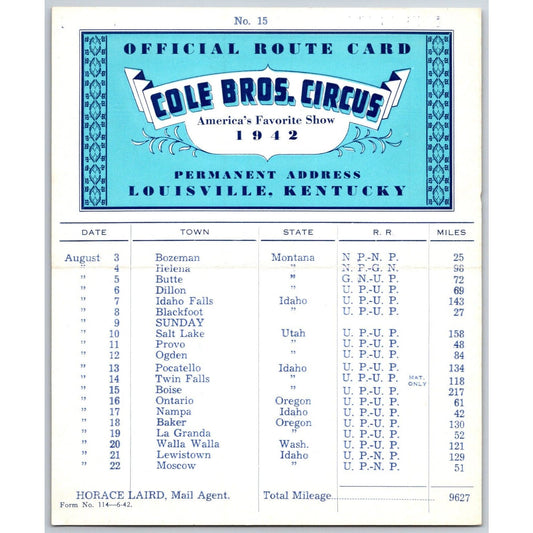 1942 Cole Bros Circus Route Card Montana Iowa Utah Idaho