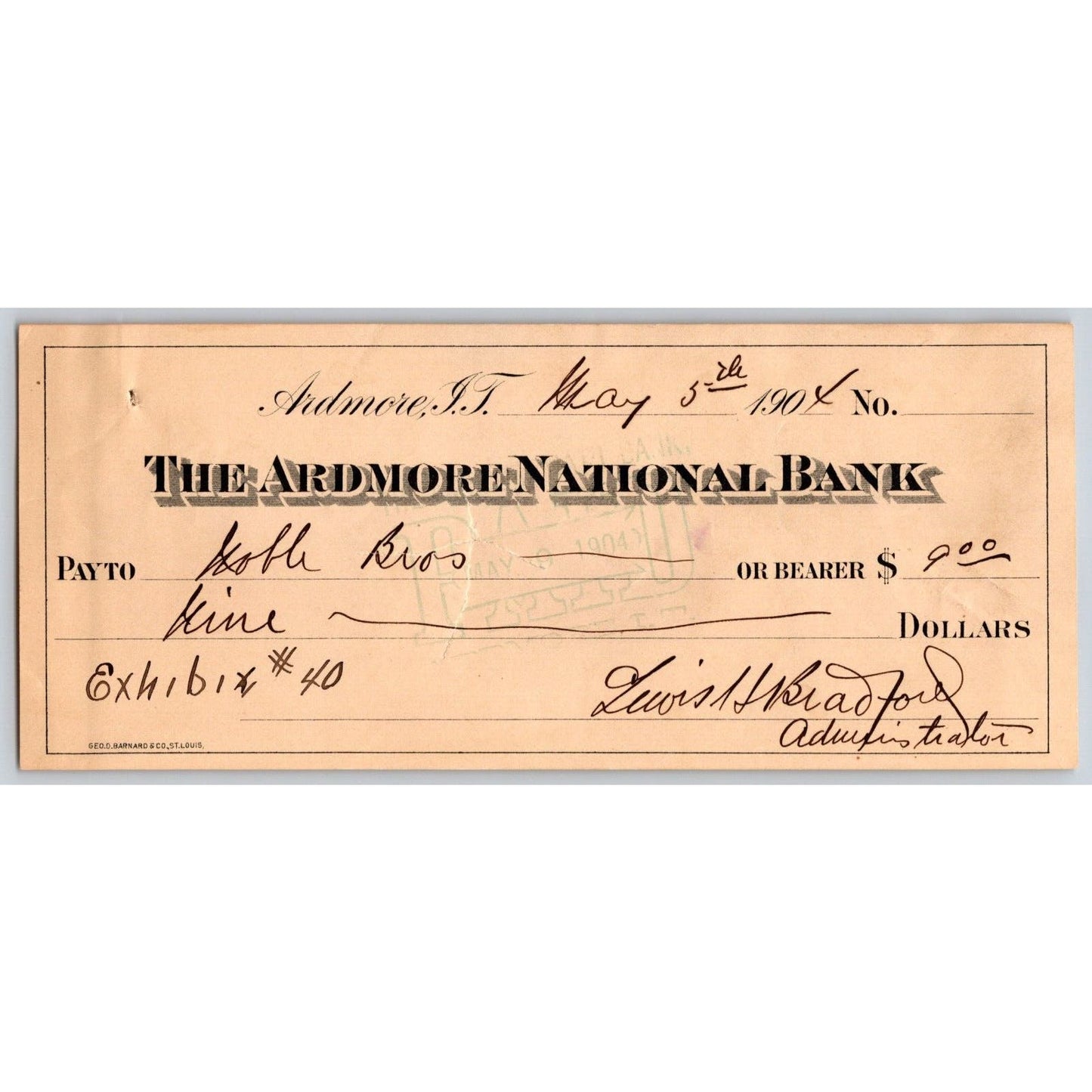 Ardmore, OK 1904 Indian Territory "Ardmore National Bank" Check $9 - Scarce