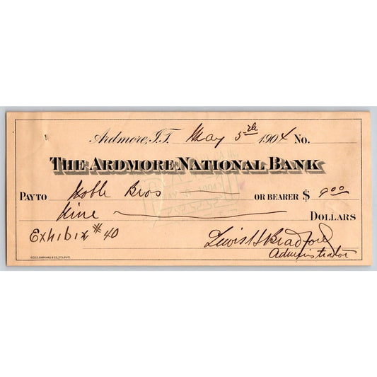 Ardmore, OK 1904 Indian Territory "Ardmore National Bank" Check $9 - Scarce