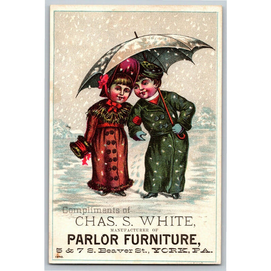 York, PA Chas. S. White Parlor Furniture Victorian Trade Card Kids w/ Umbrella