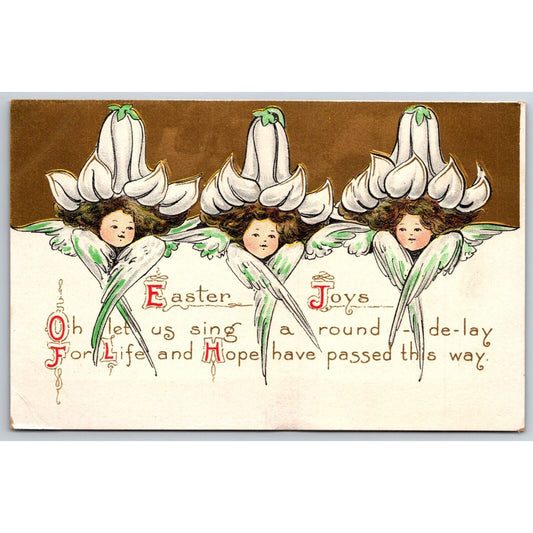 Easter Postcard "Easter Joys" Angels w/ Flower Petal Hats Gilt EMB. NP c1915