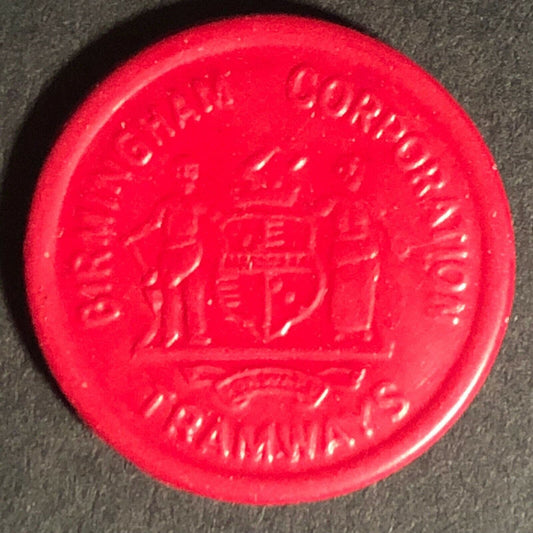 Birmingham Tramways England Plastic Token Red 1D 22mm c50's-60's