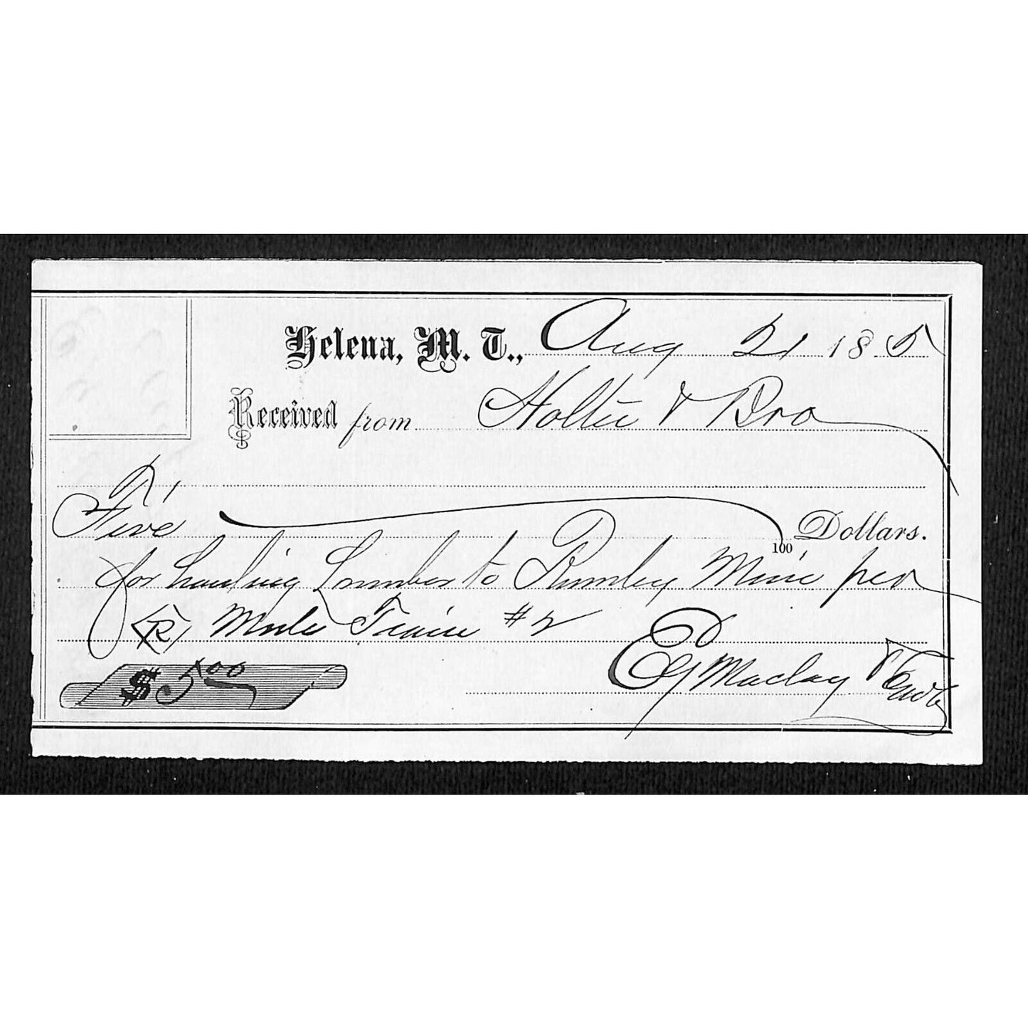Helena Montana 1875 $2 Receipt / Billhead - Elegant Handwriting