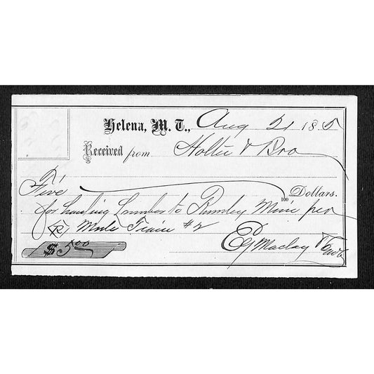 Helena Montana 1875 $2 Receipt / Billhead - Elegant Handwriting