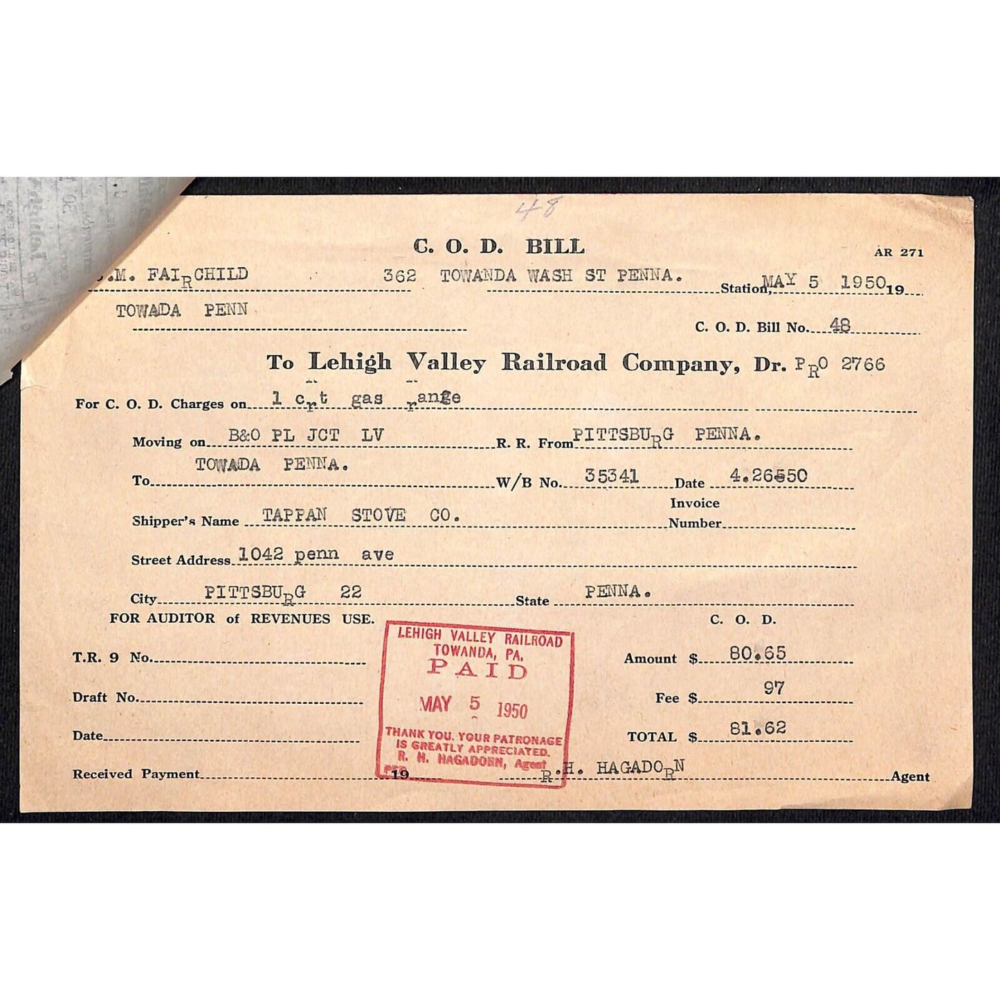Lehigh Valley Railroad 1950 Tappan Stove Co. Freight Bill #2766 & COD Bill