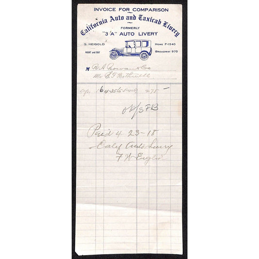California Auto and Taxicab Livery 1918 Billhead Letterhead - R.A. Rowan