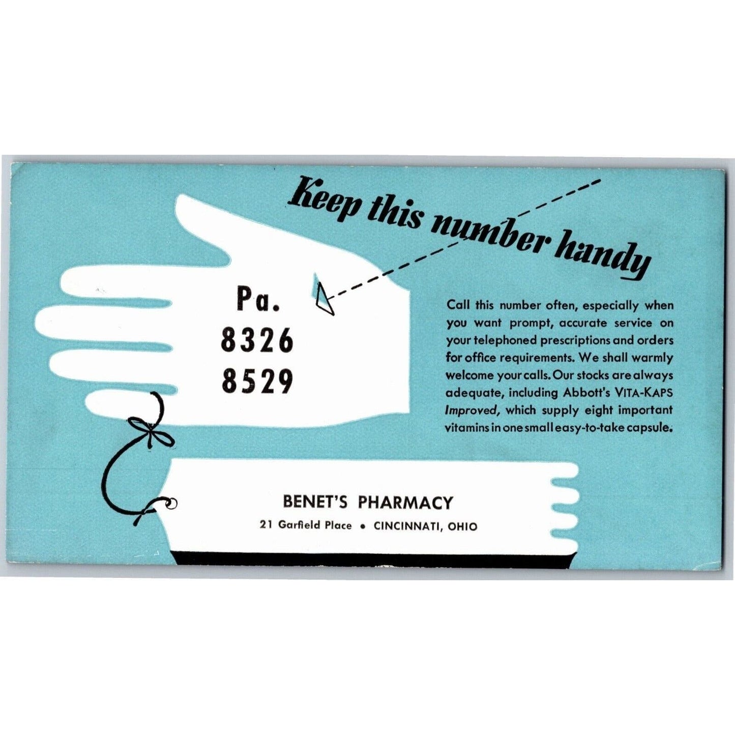 Cincinnati Ink Blotter Benet's Pharmacy 21 Garfield Place w/ Note Reminder Hand