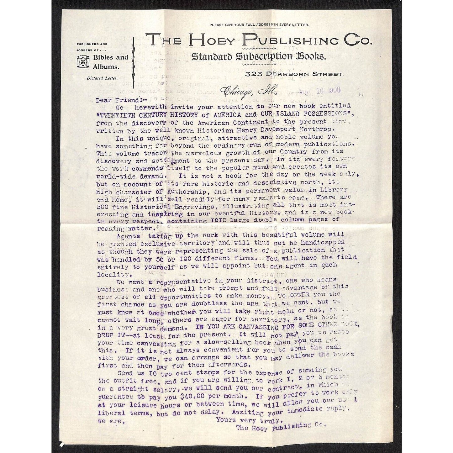 Hoey Publishing Co. 1900 "20th Century" Adv. Cover Letterhead & 14" x 22" Sheet