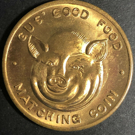 25.85mm Brass "Gus Good Food" Restaurant Pi's Heads Tails Flip Coin - Fauver VGC