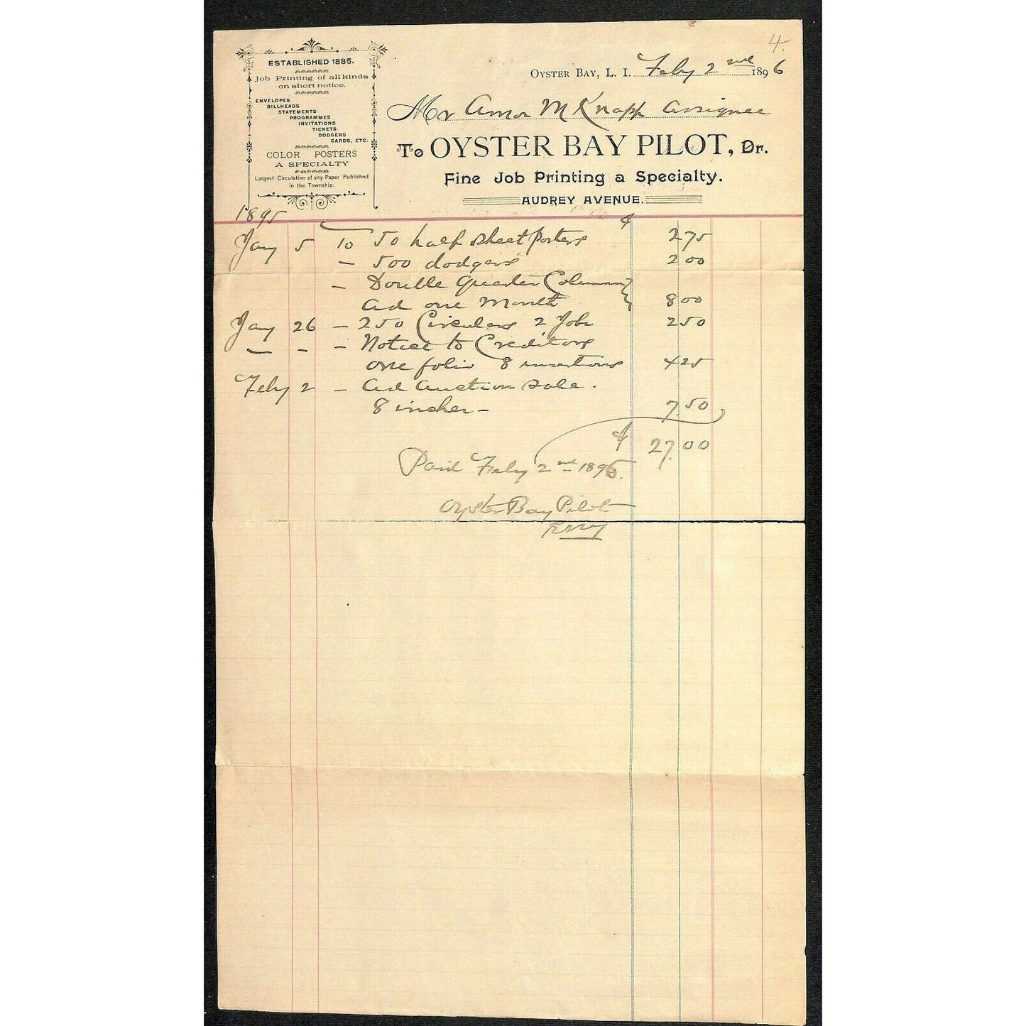 1896 Oyster Bay Pilot Letterhead Oyster Bay, Long Island Job Printing Audrey Ave