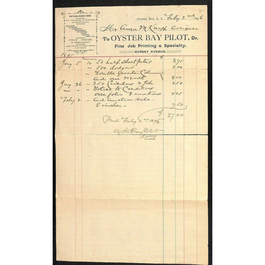 1896 Oyster Bay Pilot Letterhead Oyster Bay, Long Island Job Printing Audrey Ave