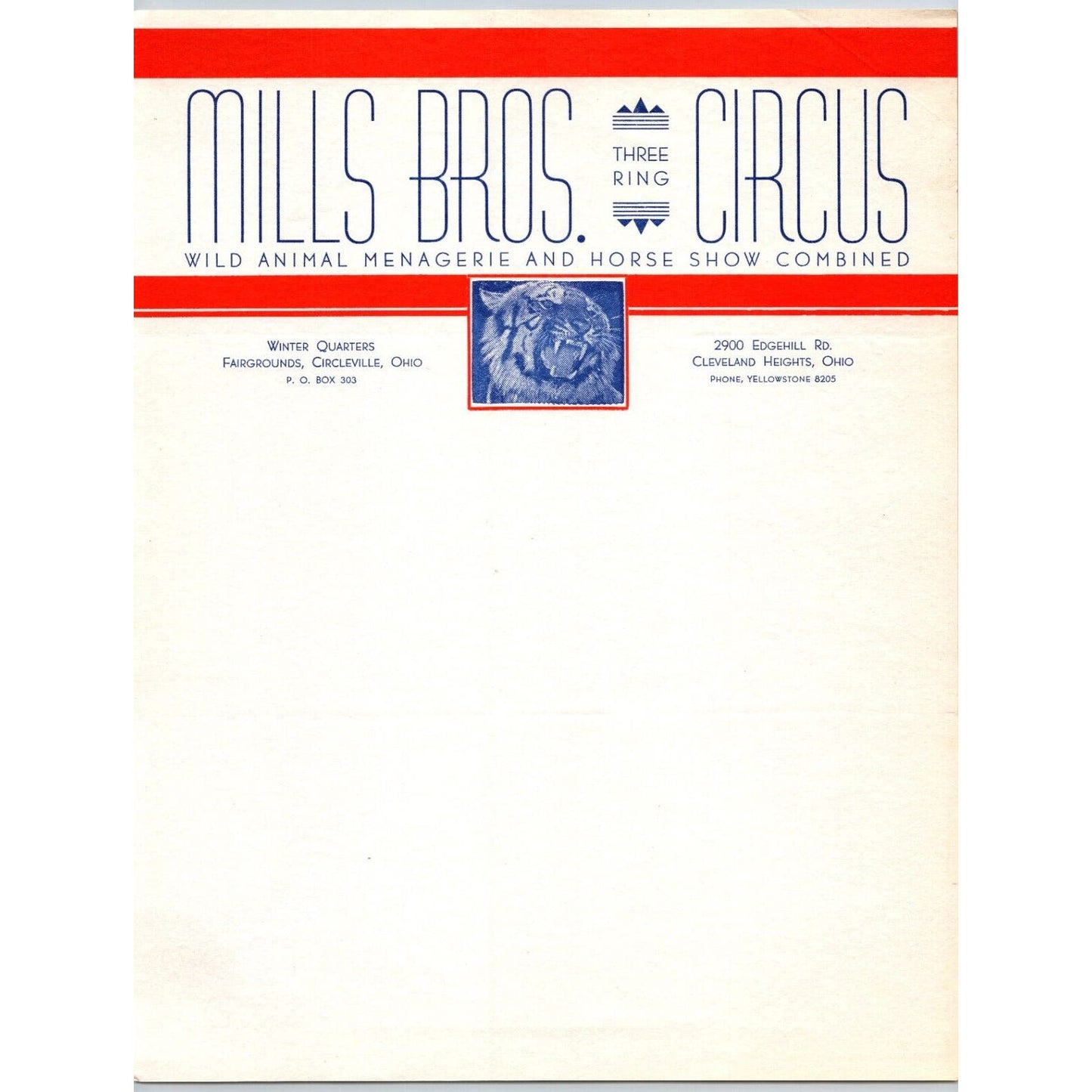 Mills Bros. Three Ring Circus Letterhead c1948 Wild Menagerie Horse Show
