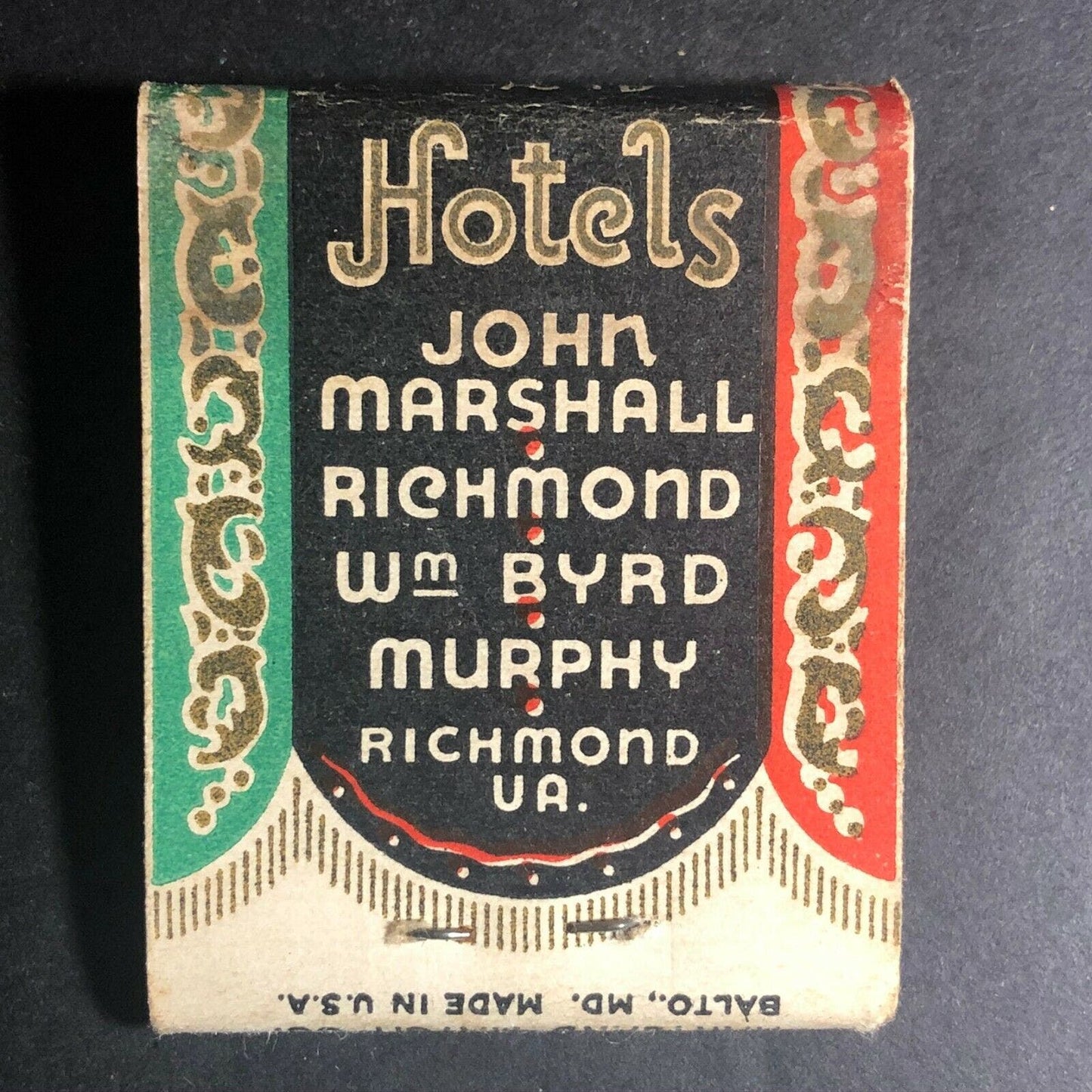 Scarce 40's Full Matchbook "Richmond Hotels" Richmond, VA