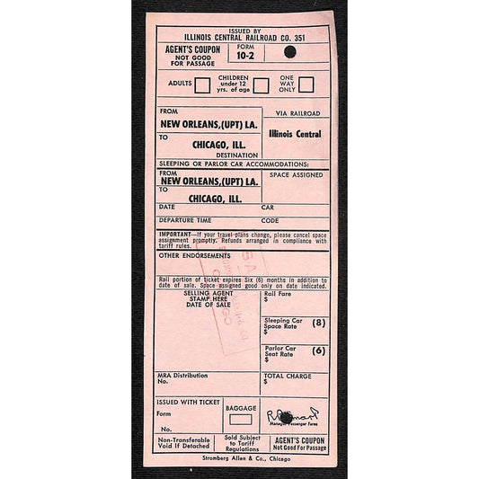 Illinois Central Railroad Triplicate SAMPLE Ticket Chicago / New Orleans