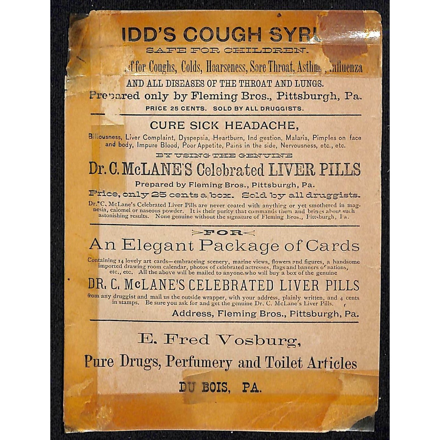 1880-90's Victorian Trade Card Dr. C. Mc Lane's Liver Pills Fleming Bros. Phil