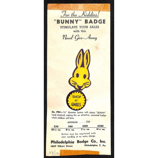 c1950 Gimbles Easter? "Bunny Badge" Pinback on Catalog Salesman's Sample Card