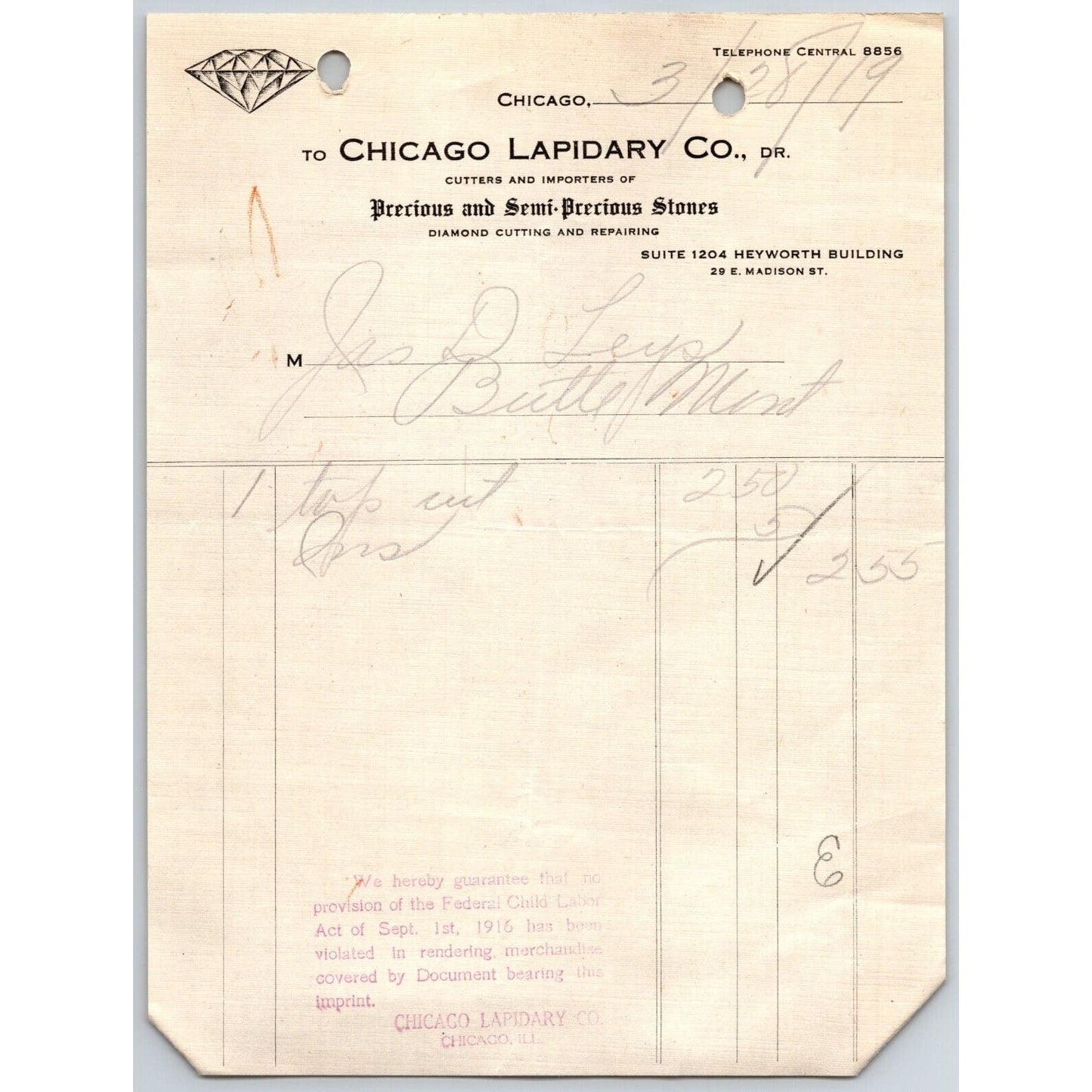 Chicago Lapidary Co. Diamond Cutting "Leys" Butte, MT 1919 $2.55 Billhead