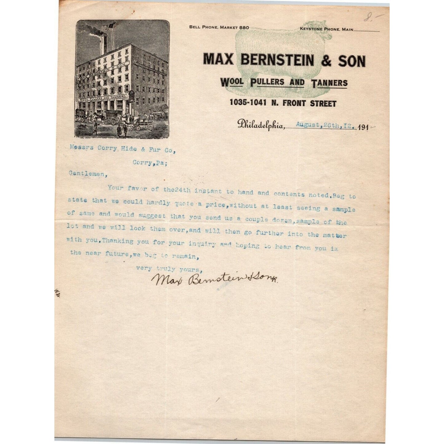Max Bernstein & Son 1912 Philadelphia, PA Letterhead Wool Pullers and Tanners