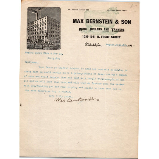 Max Bernstein & Son 1912 Philadelphia, PA Letterhead Wool Pullers and Tanners