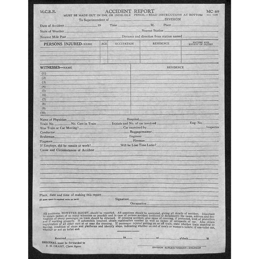 MCRR (Maine Central ?) Unused Accident Report Form Sheet c1969