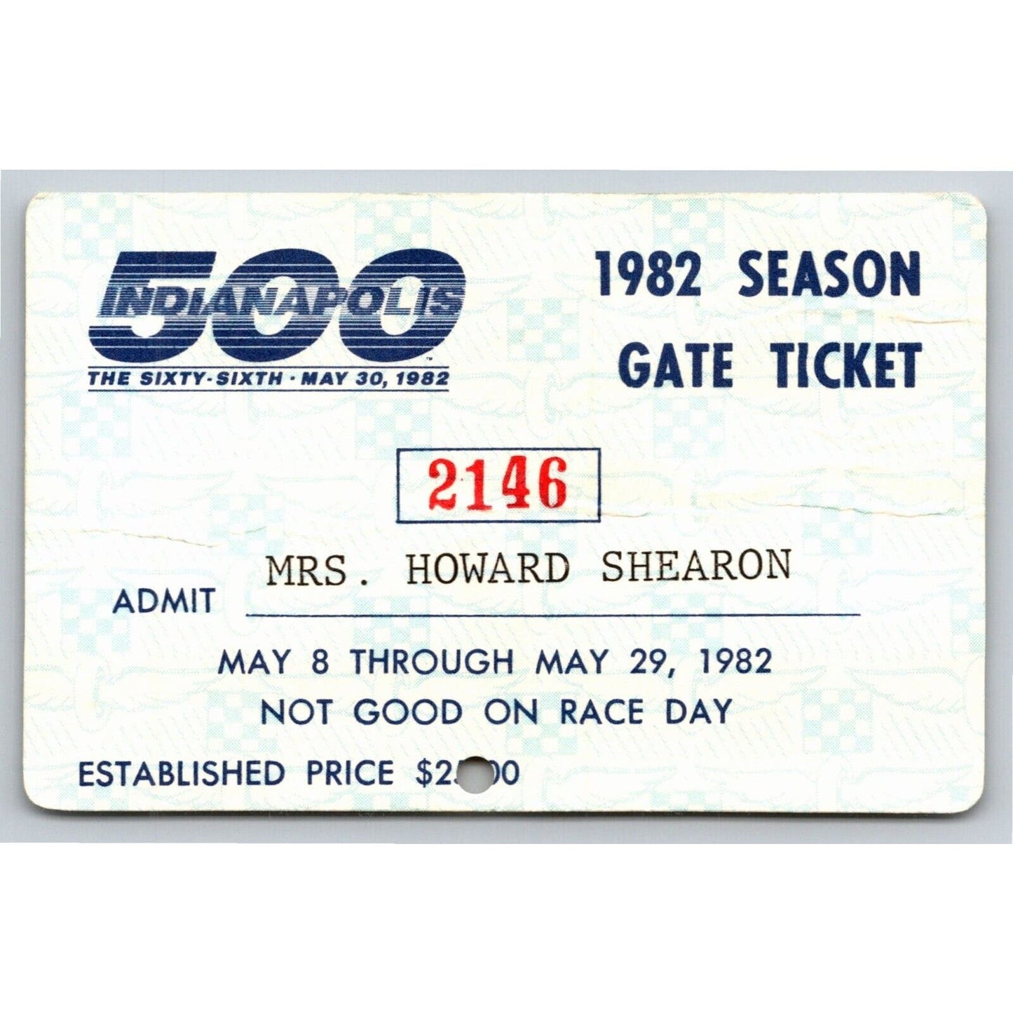 1982 Indy 500 Season Gate Ticket Pass Card Indianapolis IMS #2146 VGC