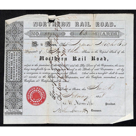 1848 Boston, MA Northern Railroad Stock Certificate No. 2892 for 63 Shares