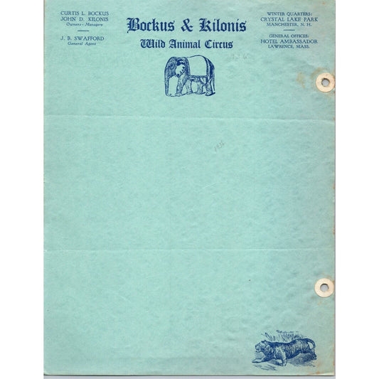Bokus & Kilonis Wild Animal Circus Letterhead c1936 Elephant Manchester, NH