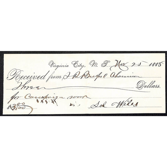 Virginia City Montana S.R. Buford / 1888 $3 Payment Receipt