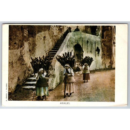 Italian Postcard Amalfi Old Women Carry Wood Strapped on Back 1901-1907 NP VGC