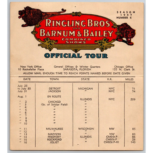 1947 Ringling Bros Barnum Bailey Circus Route Card Solider Field Chicago