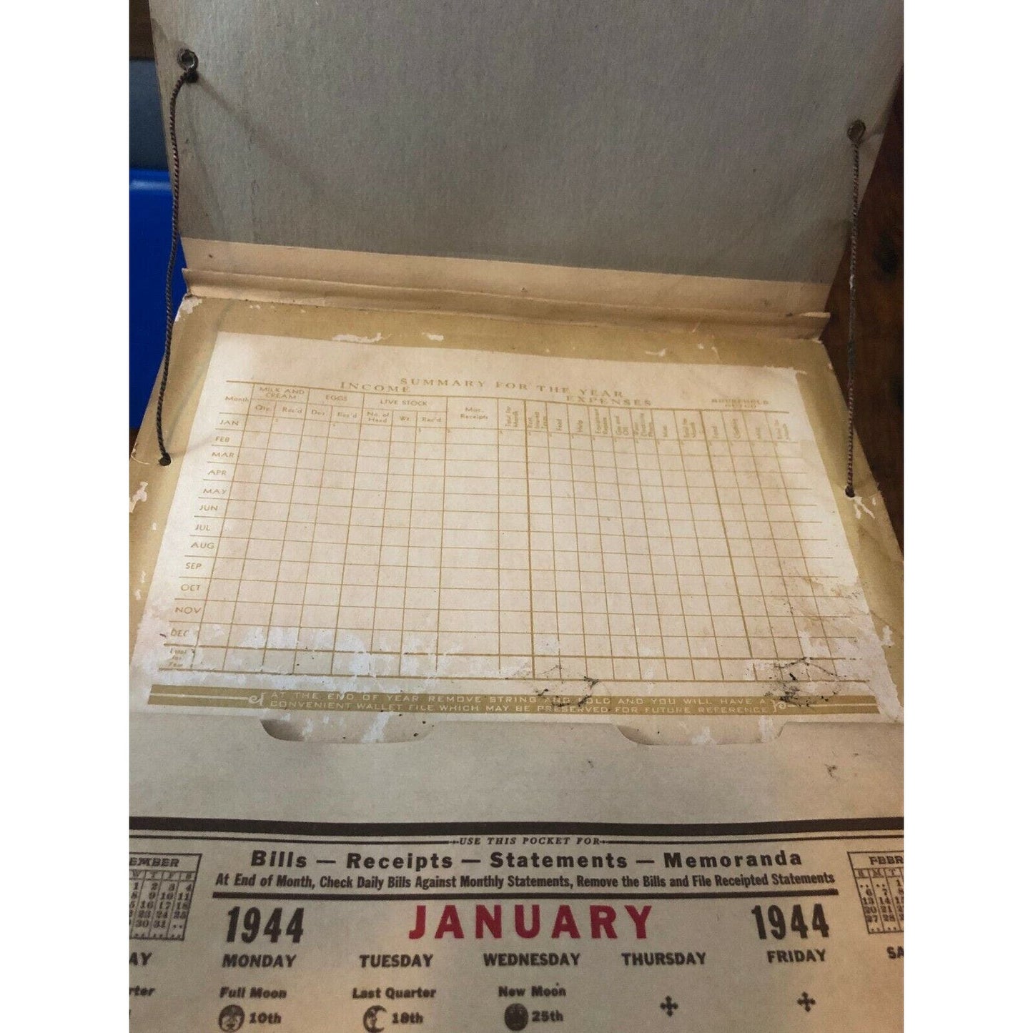 1944 Weber Bros. Milling Co. Cedarburg, Wisconsin Calendar w/ Monthly Pockets