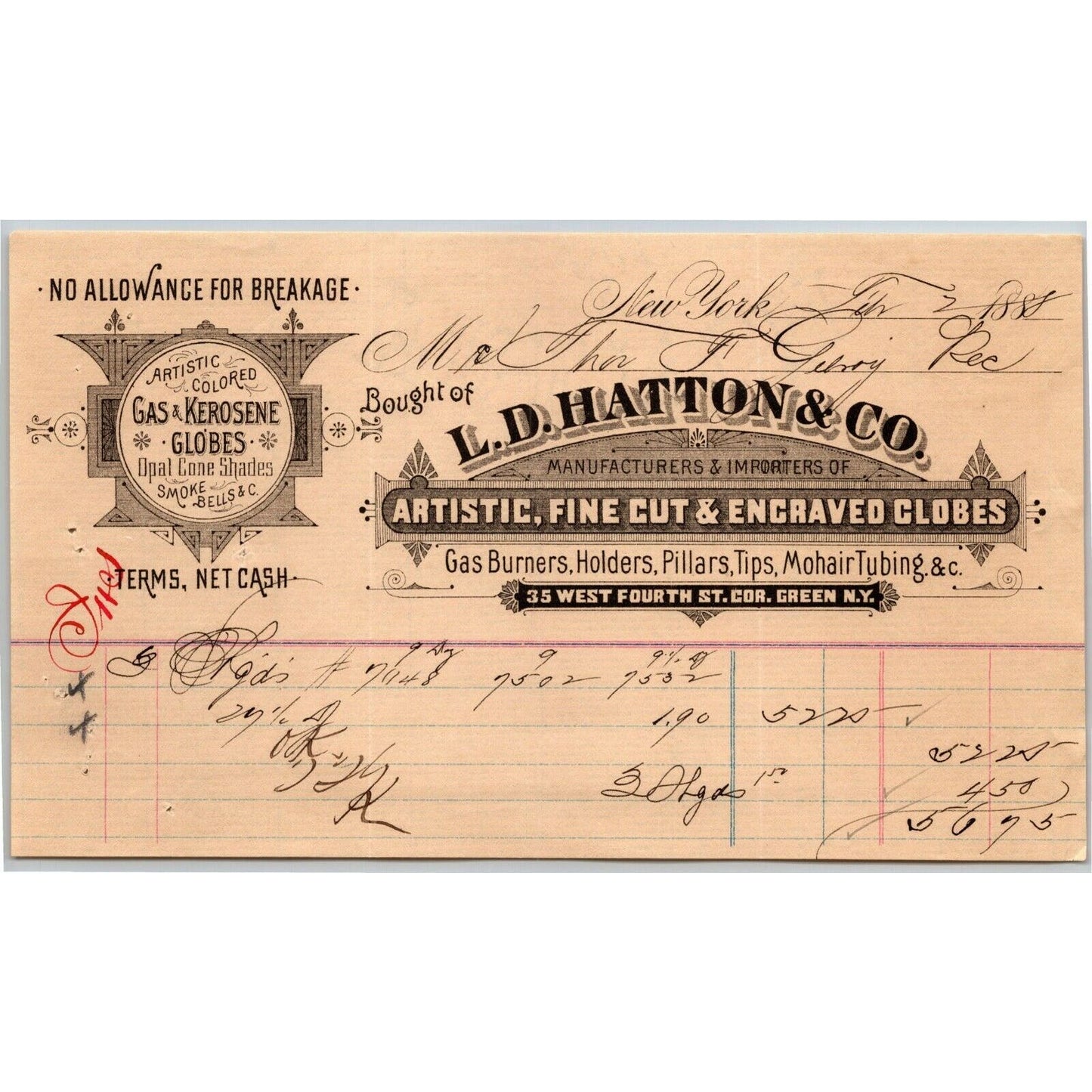 1888 L. D. Hatton & Co. Pillars Tips Mohair Tubing Billhead Letterhead - NYC