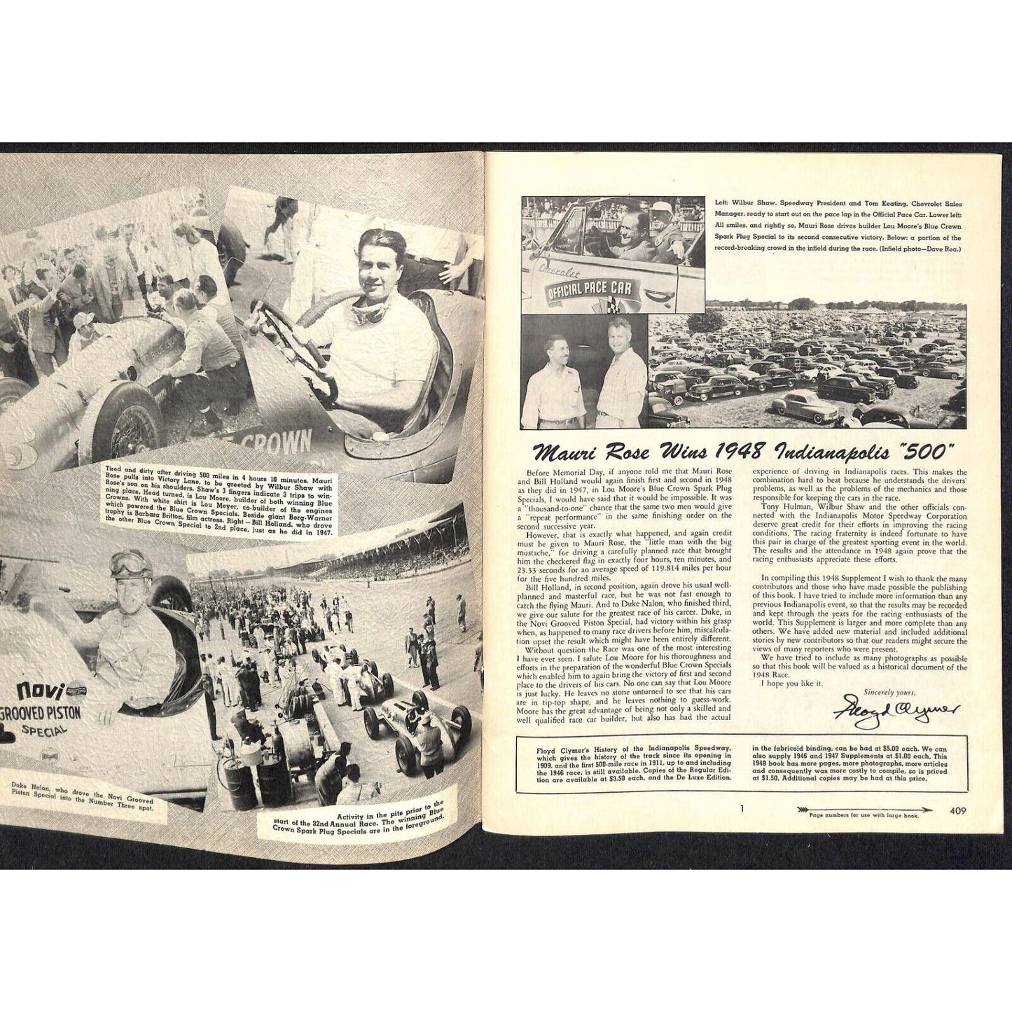 1948 Indy 500 Floyd Clymer's Indianapolis 500 Mile Supplement IMS 30pp. VGC