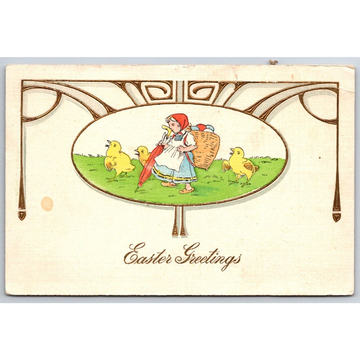 Easter Postcard "Easter Greetings" Art Nouveau Baby Chicks Girl EMB. NP c1910