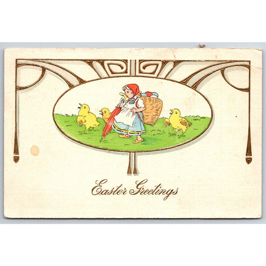 Easter Postcard "Easter Greetings" Art Nouveau Baby Chicks Girl EMB. NP c1910
