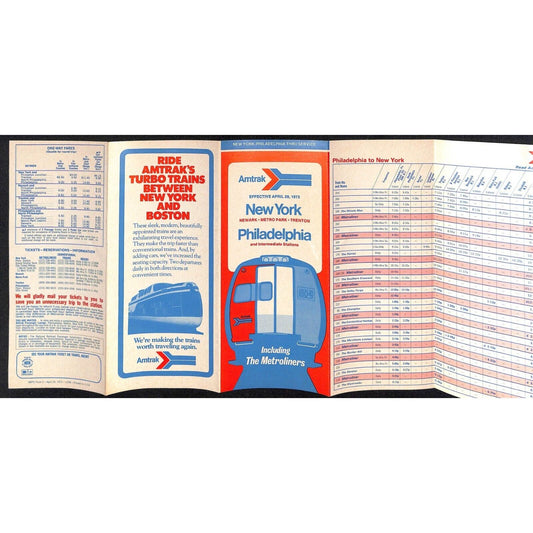 April 1973 Amtrack New York Philadelphia / Metroliners Times Table / Fare VGC