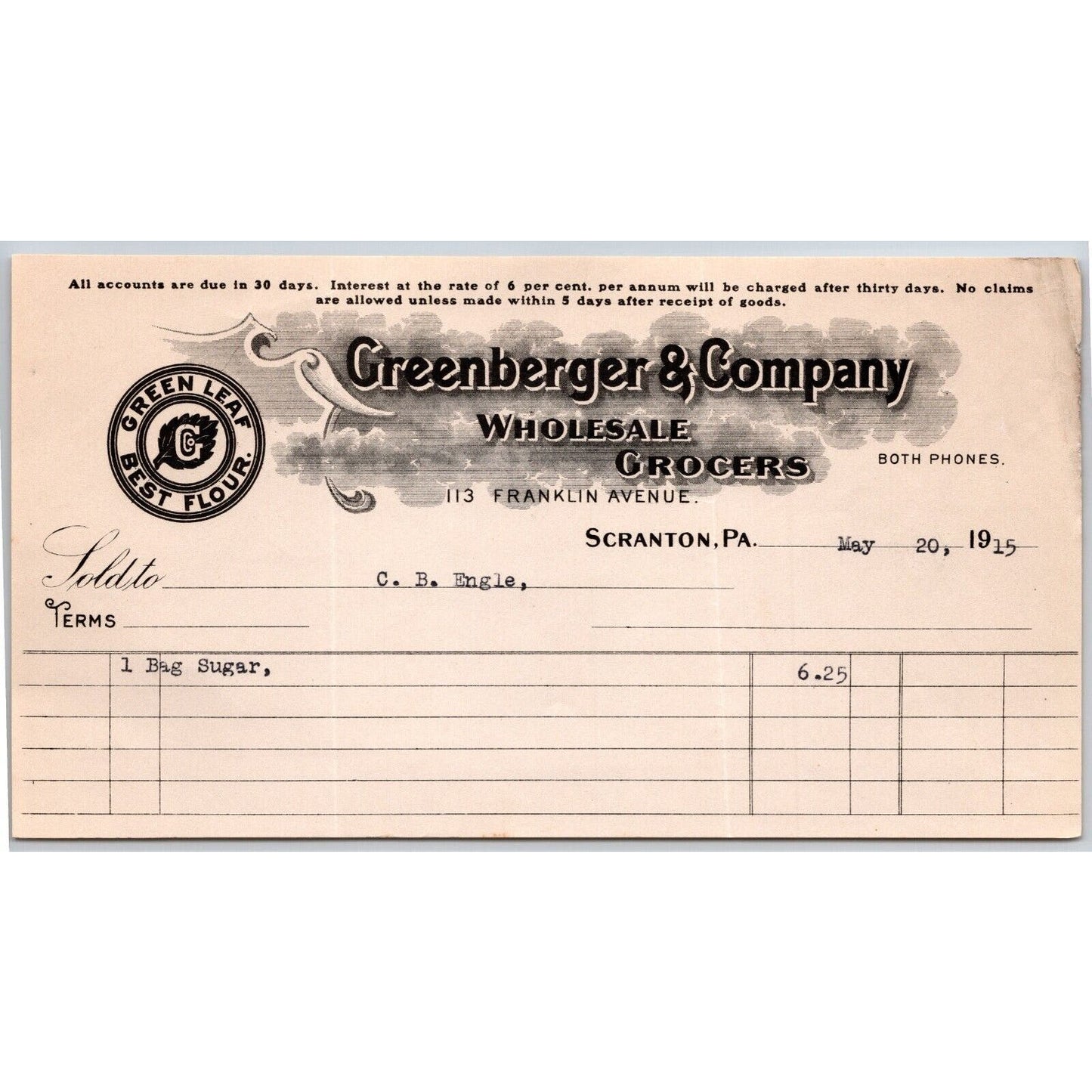 Scranton PA Greenberger & Co. Grocers 1915 "C.B. Engel" Billhead Bag Sugar