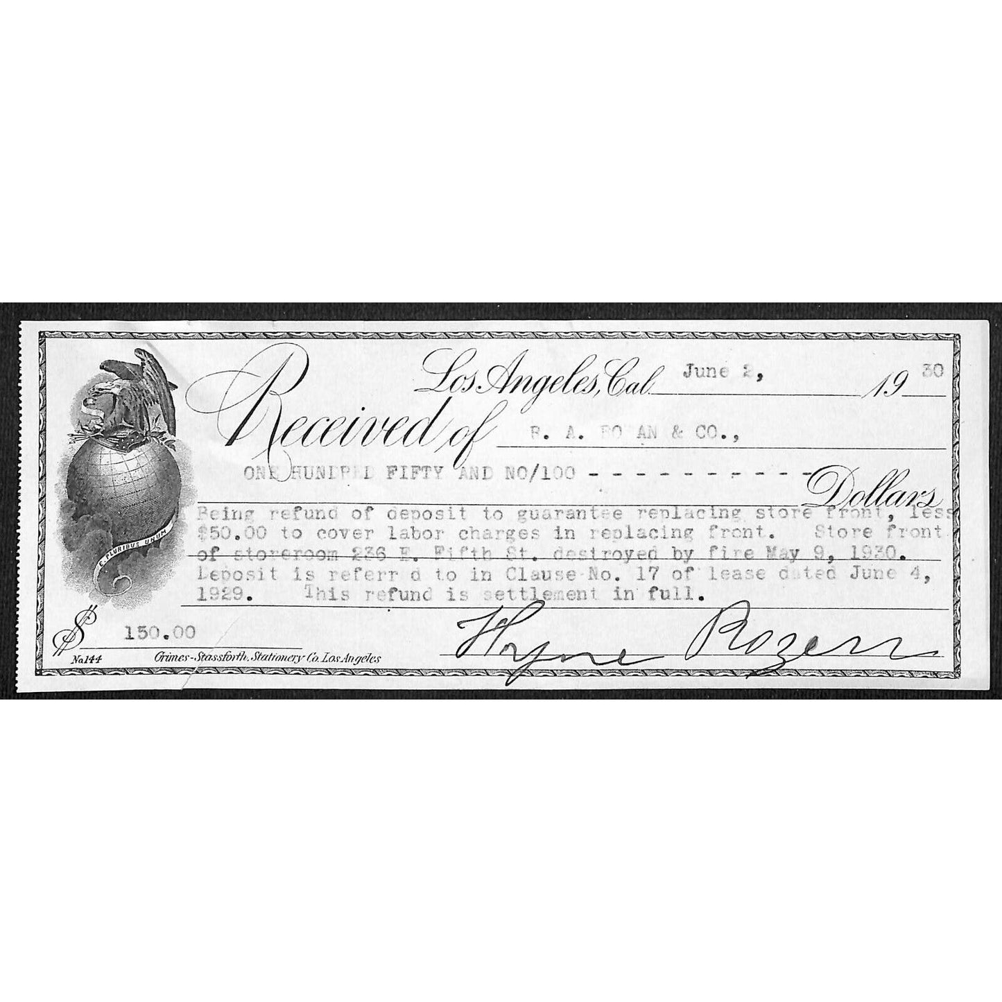 Los Angeles 1930 R.A. Rowan Co. - $150 Rental Allowance for Fire Receipt Eagle