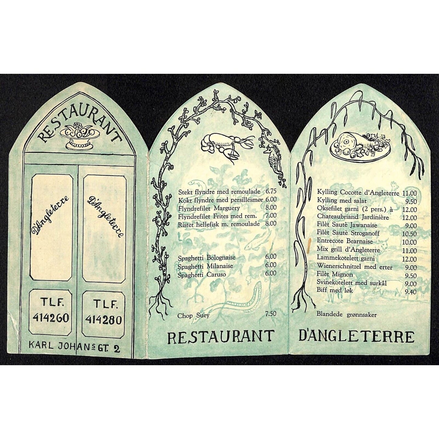 "Restaurant D'Angleterre" Die Cut 3-Panel French Menu c1960's-70's ?