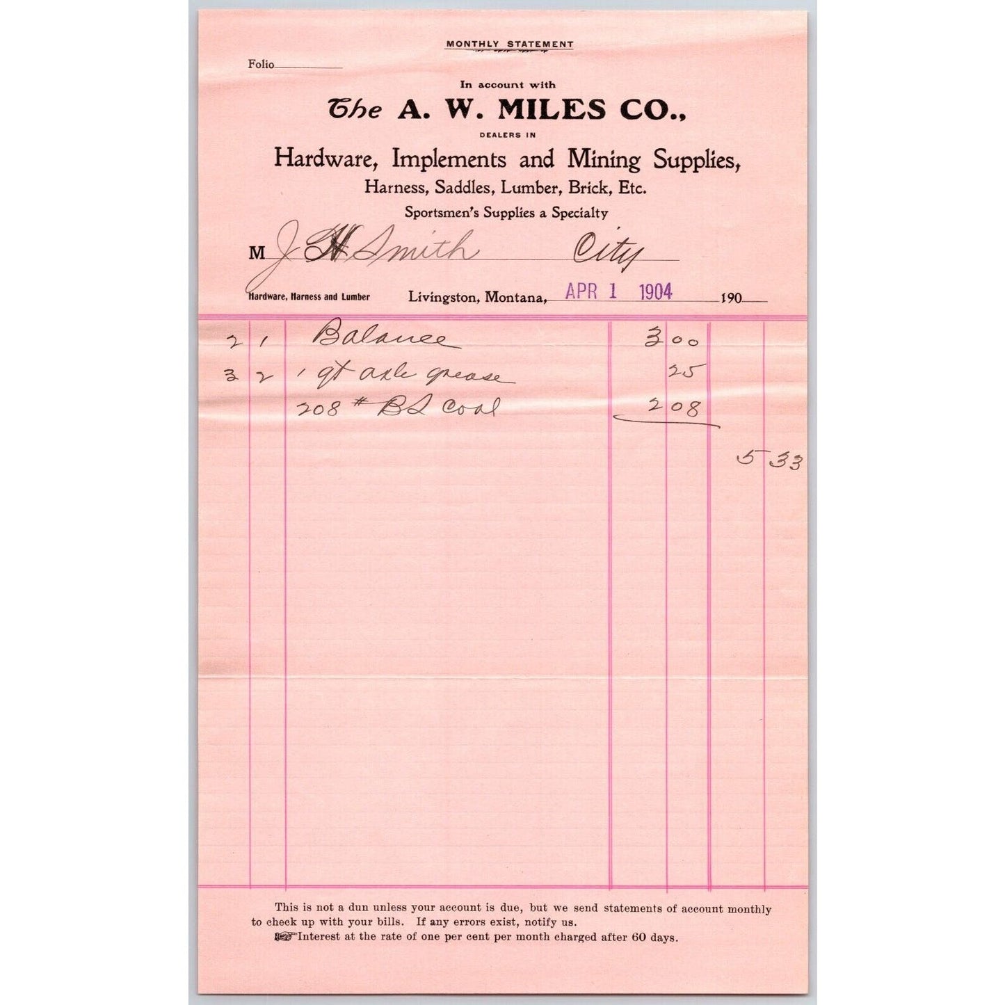 Livingston, MT A.W. Miles Hardware Mining Supplies 1904 Billhead Statement VGC