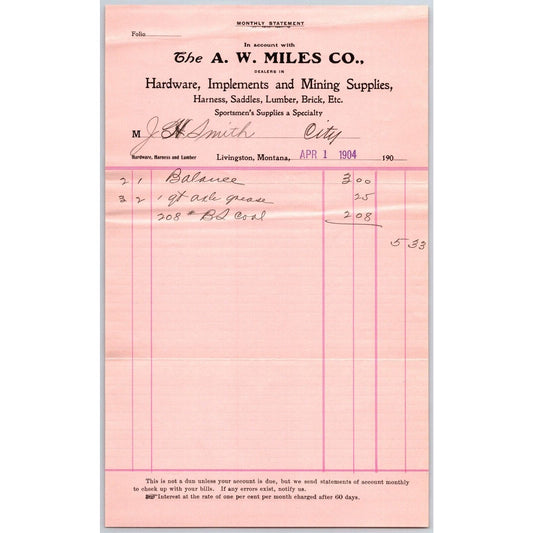 Livingston, MT A.W. Miles Hardware Mining Supplies 1904 Billhead Statement VGC