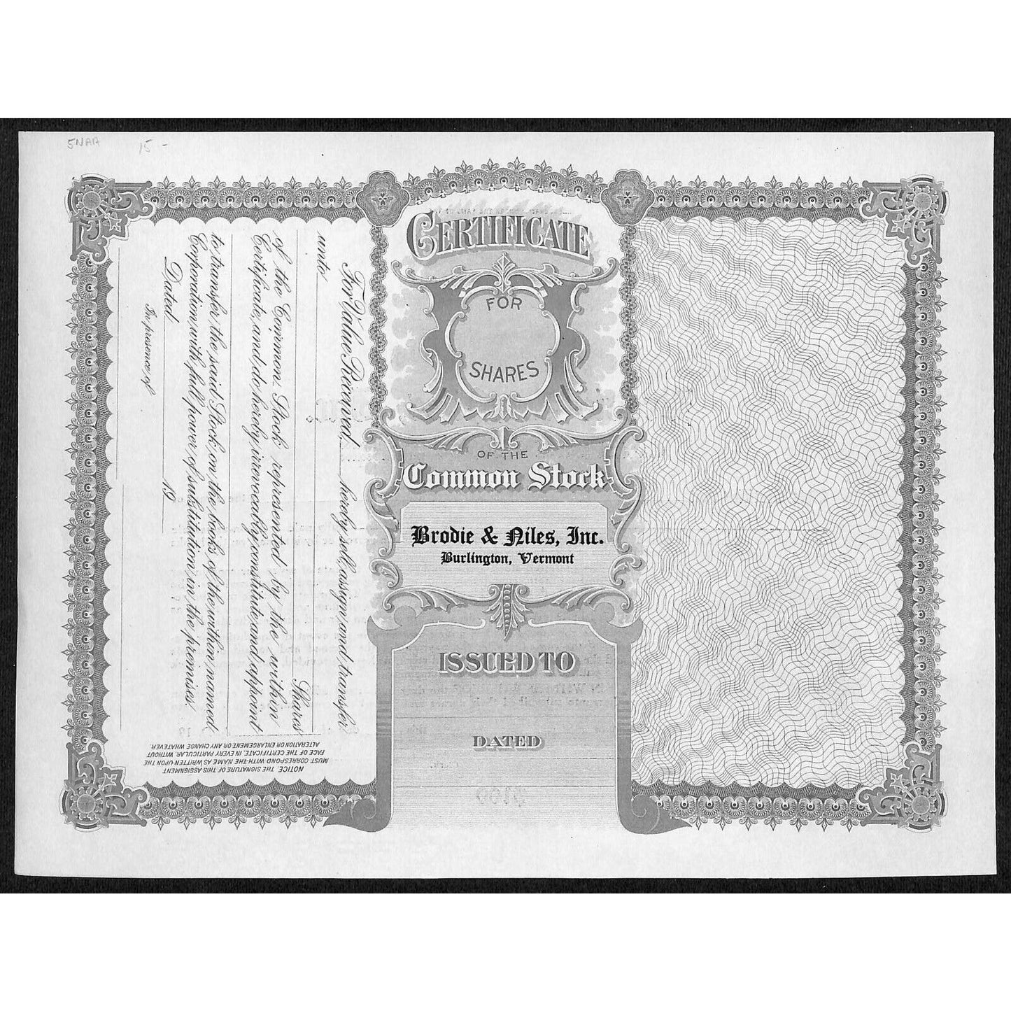Burlington, VT Brodie & Niles (Automobiles) Unissued Stock Certificate -Scarce