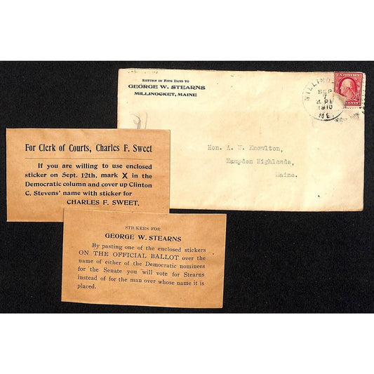 Hampden Highlands, ME Amos W. Knowlton* 1910 Ballot Stickers + Envelopes & Cover