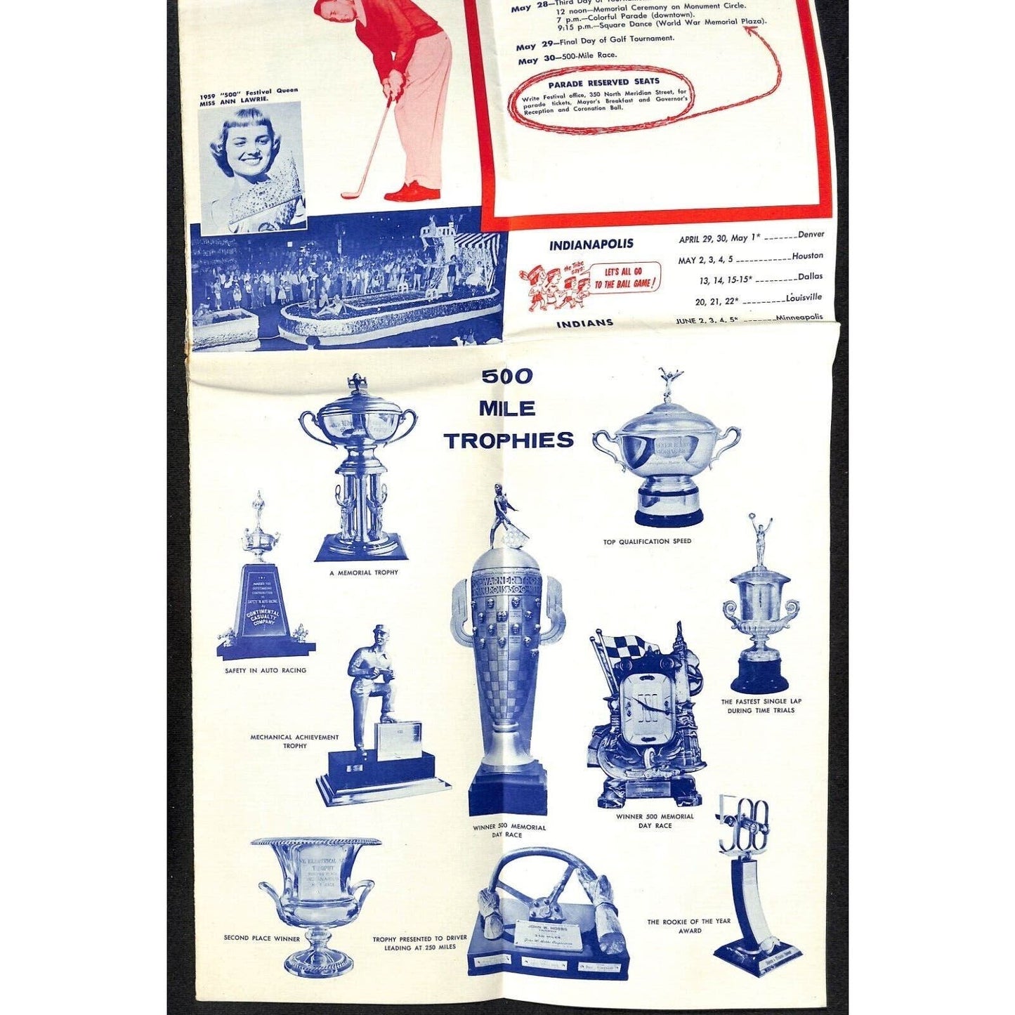 1960 Indy 500 Meet You at the "500" Bob's Standard Oil Service Map Schedule