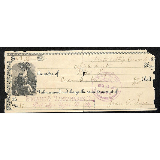 East Las Vegas, NM Browne & Manzanares Co. (Grocers Bankers) 1890 Bank Check