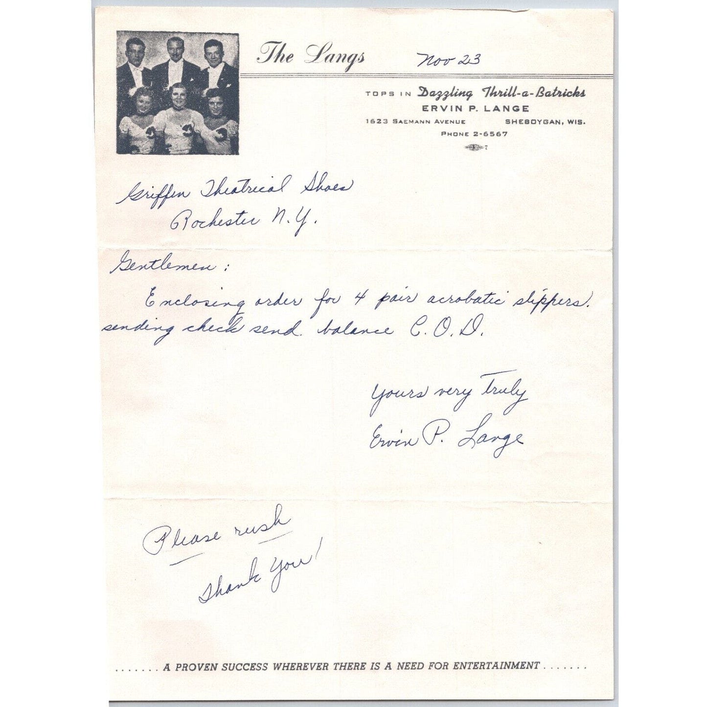 "The Langs" "Thrill-a-Batricks" Circus Letterhead c1950-55 Lange Signed Scarce