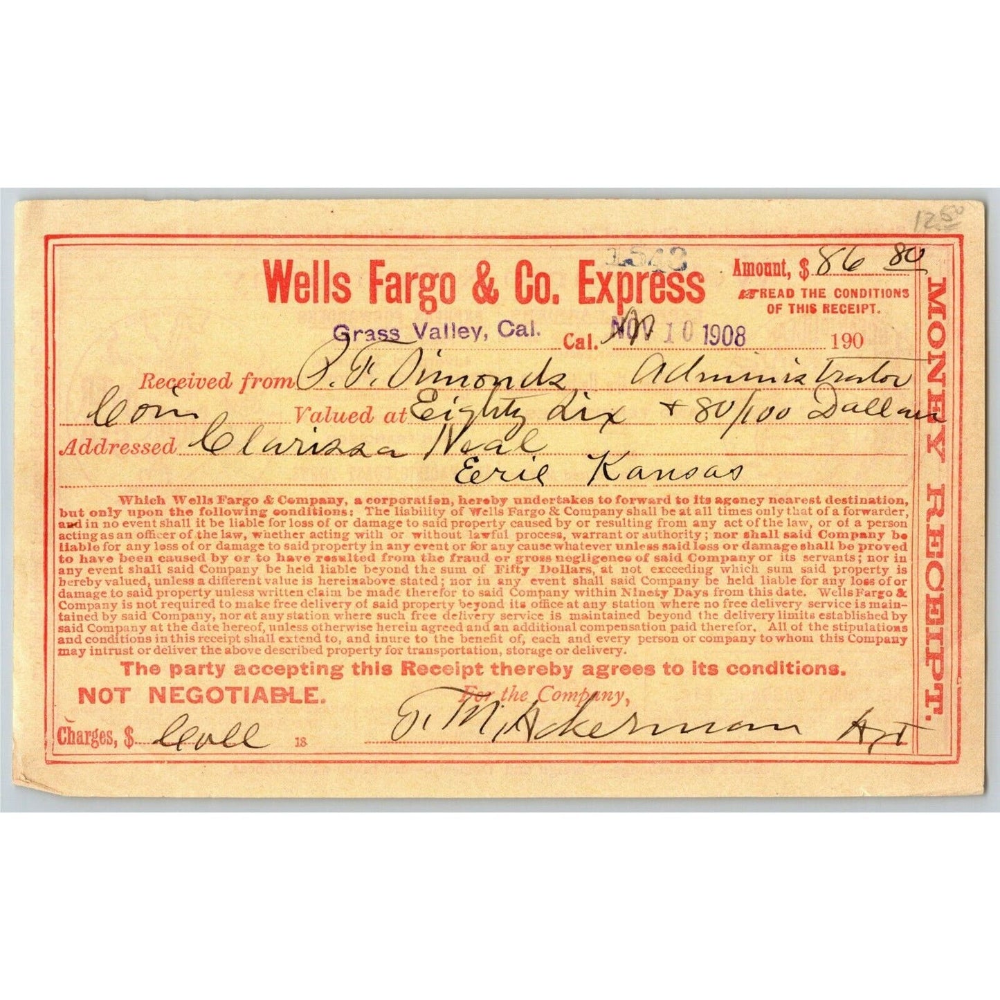 1908 Wells Fargo & Co Express - Grass Valley CA - $104.18 Money Receipt