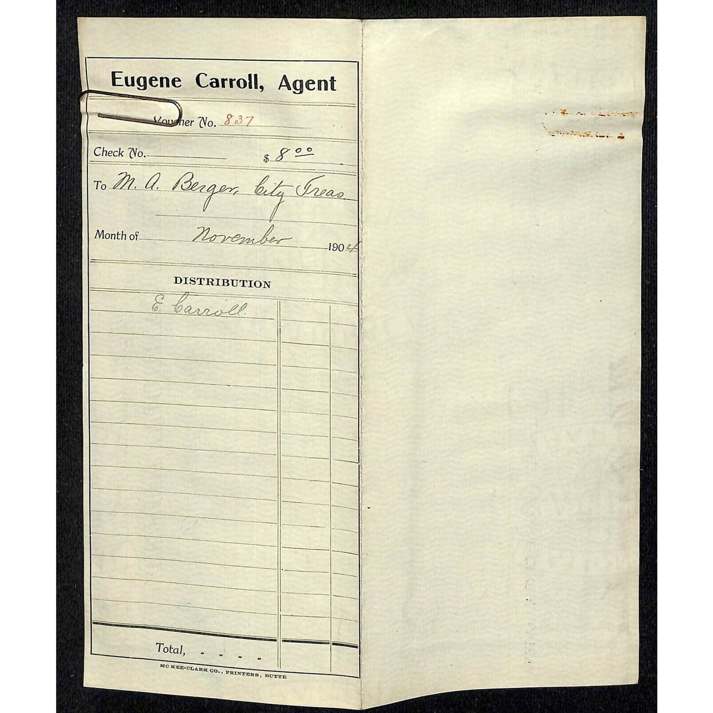 1904 Butte, MT Eugene Carroll - Silver Bow Tax Receipt